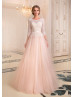 Peach Pink Lace Tulle Peplum Chic Wedding Dress